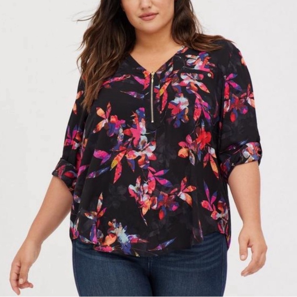 Torrid Harper Georgette Zip Blouse Black Floral 3/4 Sleeves 2X